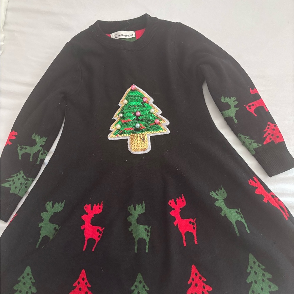 Black Holiday Dress with Christmas Tree and Reindeer ugly sweater